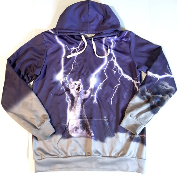 Lightning kitten 3d allover cat print unisex hoodie size L - XL front pocket - Picture 4 of 8